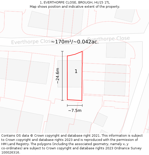 1, EVERTHORPE CLOSE, BROUGH, HU15 1TL: Plot and title map