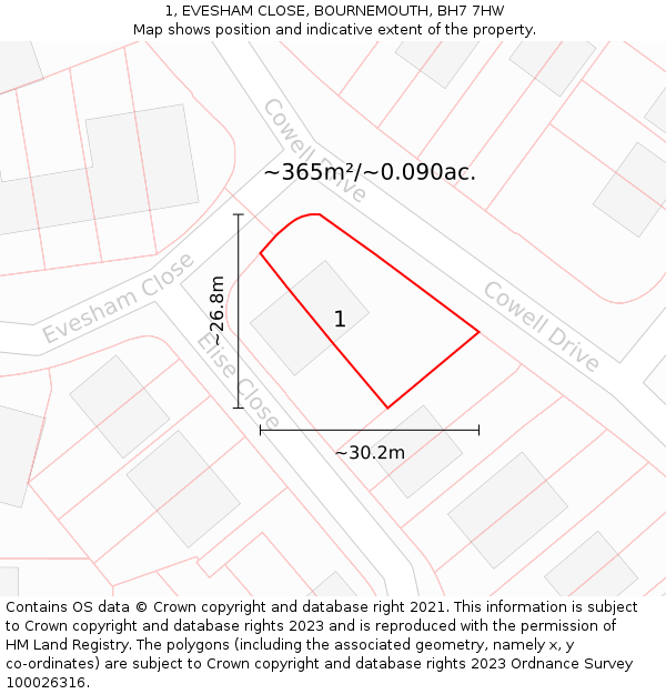 1, EVESHAM CLOSE, BOURNEMOUTH, BH7 7HW: Plot and title map