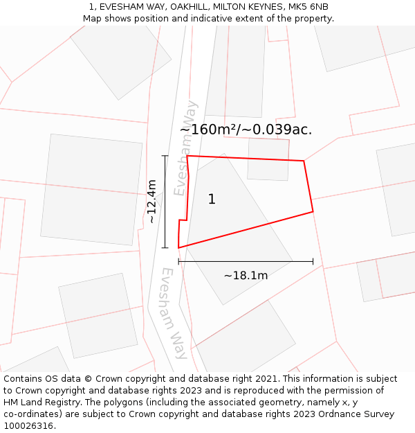 1, EVESHAM WAY, OAKHILL, MILTON KEYNES, MK5 6NB: Plot and title map