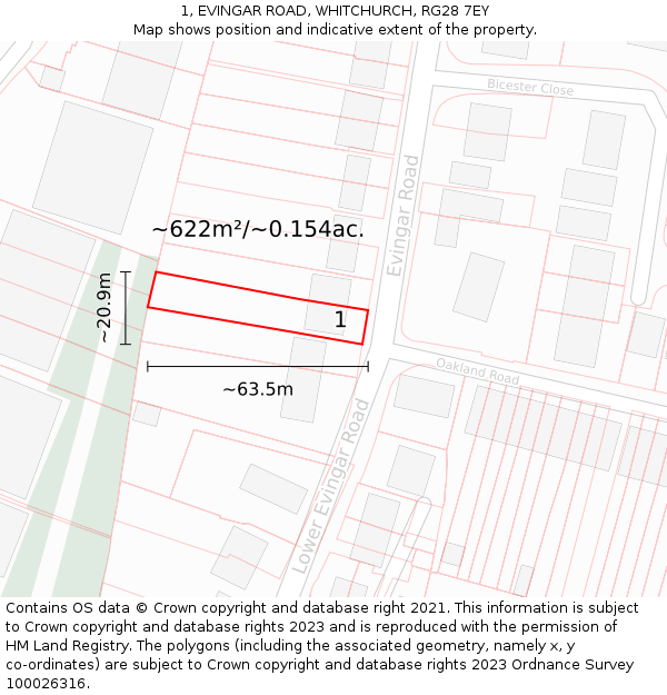 1, EVINGAR ROAD, WHITCHURCH, RG28 7EY: Plot and title map