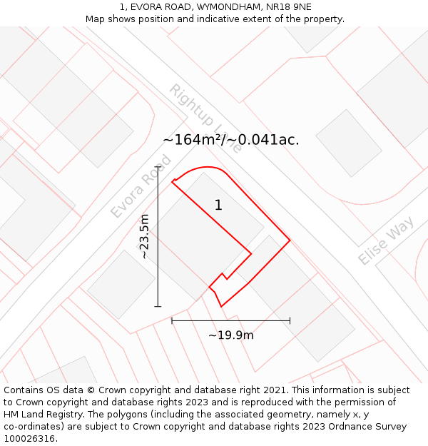 1, EVORA ROAD, WYMONDHAM, NR18 9NE: Plot and title map