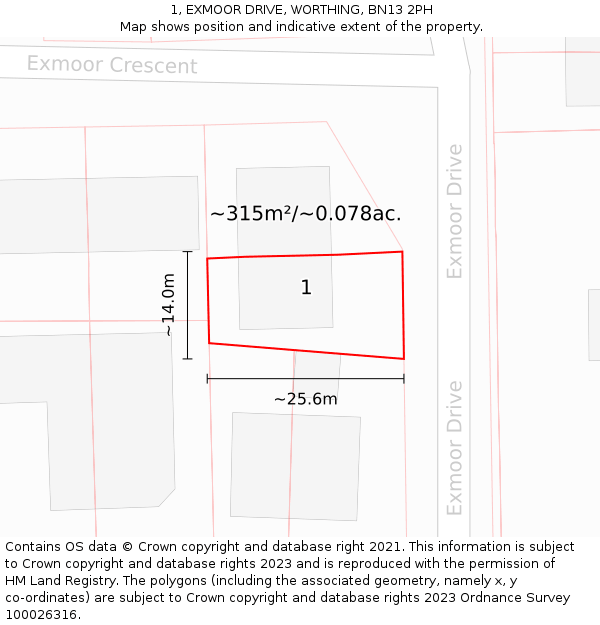 1, EXMOOR DRIVE, WORTHING, BN13 2PH: Plot and title map