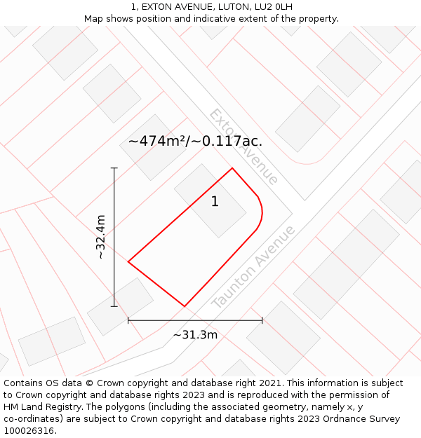 1, EXTON AVENUE, LUTON, LU2 0LH: Plot and title map