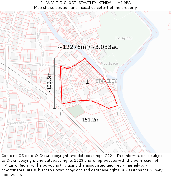 1, FAIRFIELD CLOSE, STAVELEY, KENDAL, LA8 9RA: Plot and title map