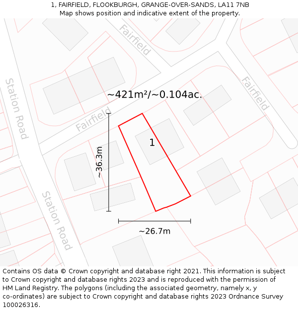 1, FAIRFIELD, FLOOKBURGH, GRANGE-OVER-SANDS, LA11 7NB: Plot and title map