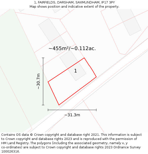 1, FAIRFIELDS, DARSHAM, SAXMUNDHAM, IP17 3PY: Plot and title map