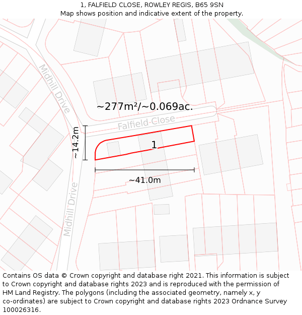 1, FALFIELD CLOSE, ROWLEY REGIS, B65 9SN: Plot and title map