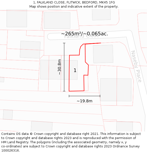 1, FALKLAND CLOSE, FLITWICK, BEDFORD, MK45 1FG: Plot and title map