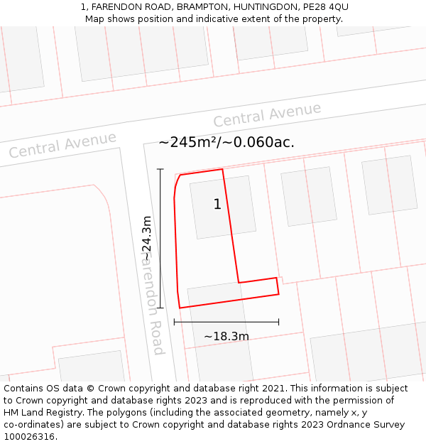 1, FARENDON ROAD, BRAMPTON, HUNTINGDON, PE28 4QU: Plot and title map