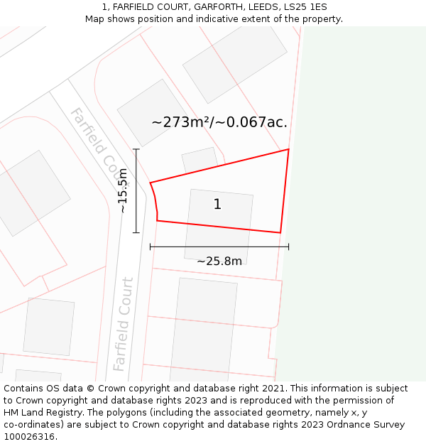 1, FARFIELD COURT, GARFORTH, LEEDS, LS25 1ES: Plot and title map