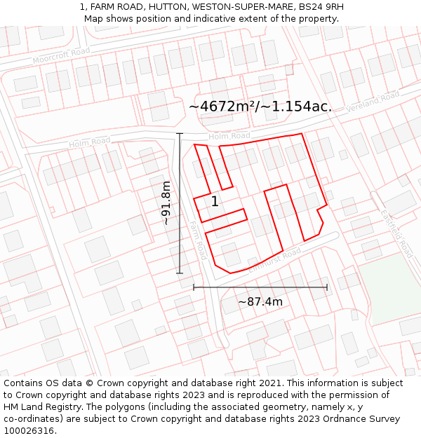 1, FARM ROAD, HUTTON, WESTON-SUPER-MARE, BS24 9RH: Plot and title map