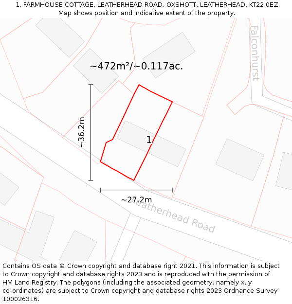 1, FARMHOUSE COTTAGE, LEATHERHEAD ROAD, OXSHOTT, LEATHERHEAD, KT22 0EZ: Plot and title map