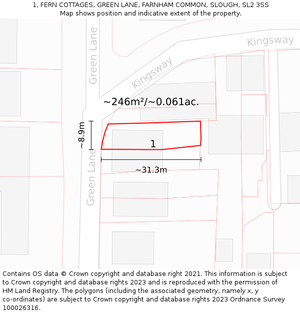 1, FERN COTTAGES, GREEN LANE, FARNHAM COMMON, SLOUGH, SL2 3SS: Plot and title map