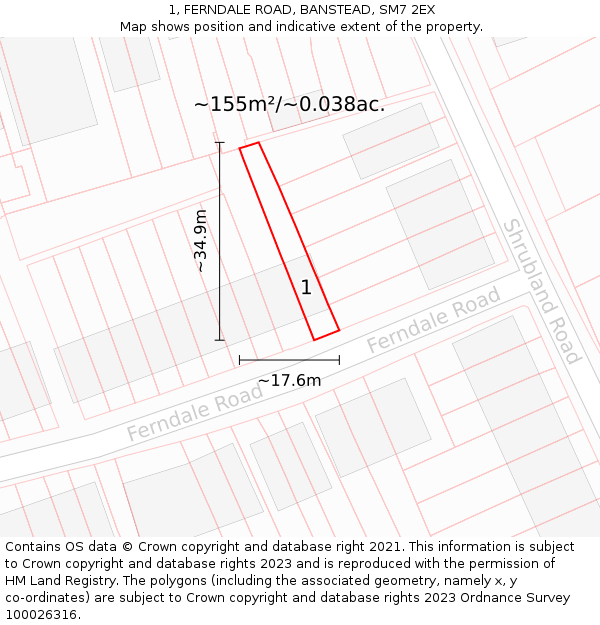 1, FERNDALE ROAD, BANSTEAD, SM7 2EX: Plot and title map