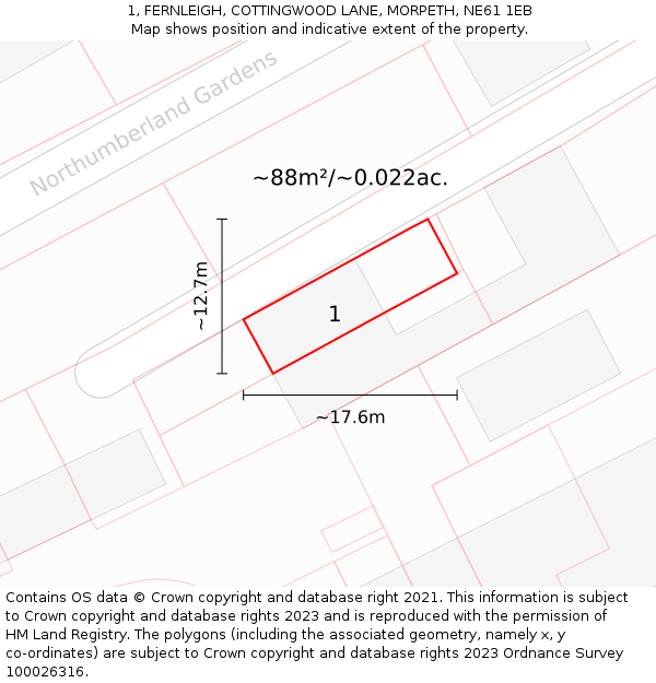 1, FERNLEIGH, COTTINGWOOD LANE, MORPETH, NE61 1EB: Plot and title map