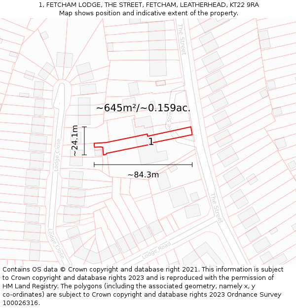 1, FETCHAM LODGE, THE STREET, FETCHAM, LEATHERHEAD, KT22 9RA: Plot and title map
