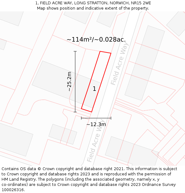 1, FIELD ACRE WAY, LONG STRATTON, NORWICH, NR15 2WE: Plot and title map