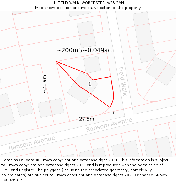 1, FIELD WALK, WORCESTER, WR5 3AN: Plot and title map