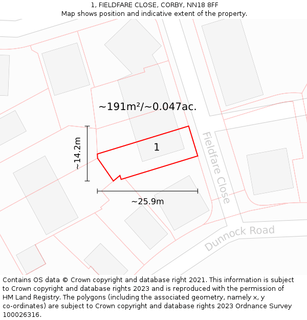 1, FIELDFARE CLOSE, CORBY, NN18 8FF: Plot and title map