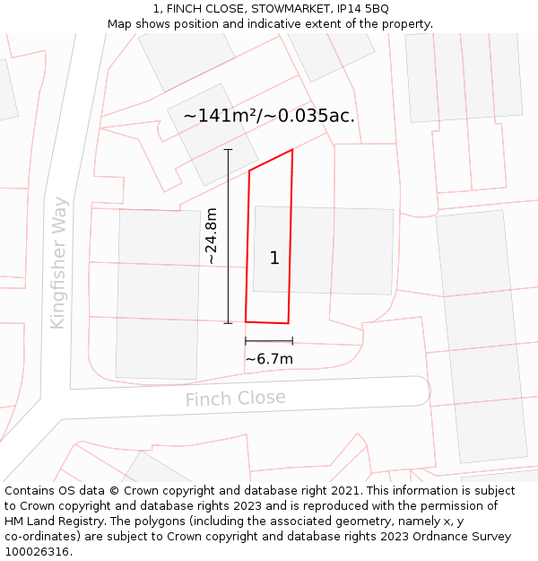 1, FINCH CLOSE, STOWMARKET, IP14 5BQ: Plot and title map