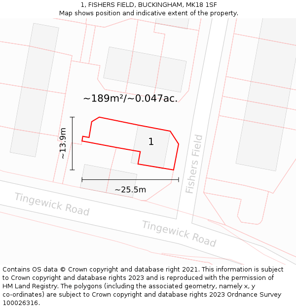 1, FISHERS FIELD, BUCKINGHAM, MK18 1SF: Plot and title map