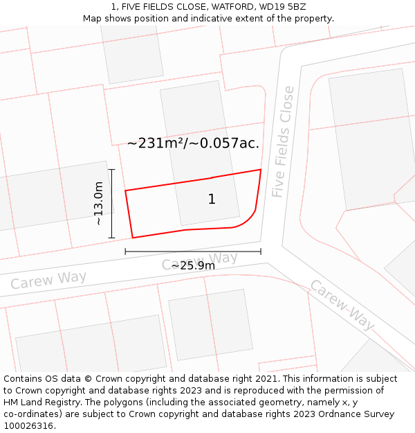 1, FIVE FIELDS CLOSE, WATFORD, WD19 5BZ: Plot and title map