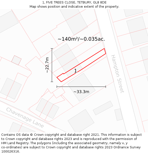 1, FIVE TREES CLOSE, TETBURY, GL8 8DE: Plot and title map