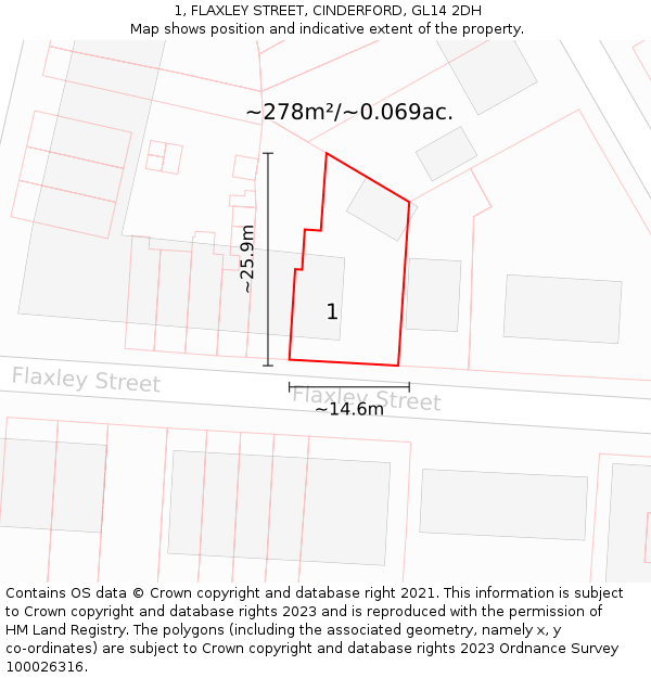1, FLAXLEY STREET, CINDERFORD, GL14 2DH: Plot and title map