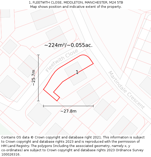 1, FLEETWITH CLOSE, MIDDLETON, MANCHESTER, M24 5TB: Plot and title map