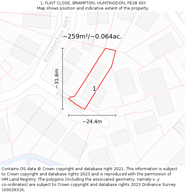 1, FLINT CLOSE, BRAMPTON, HUNTINGDON, PE28 4SY: Plot and title map