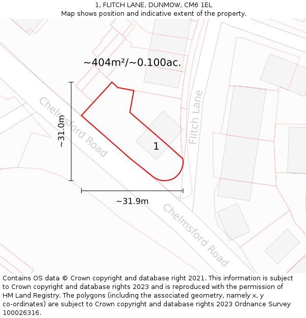 1, FLITCH LANE, DUNMOW, CM6 1EL: Plot and title map