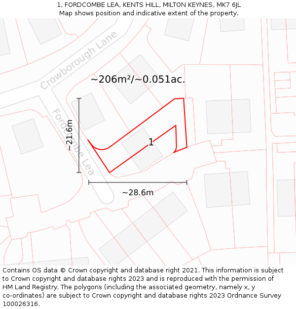 1, FORDCOMBE LEA, KENTS HILL, MILTON KEYNES, MK7 6JL: Plot and title map