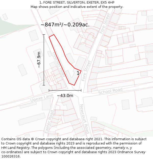 1, FORE STREET, SILVERTON, EXETER, EX5 4HP: Plot and title map