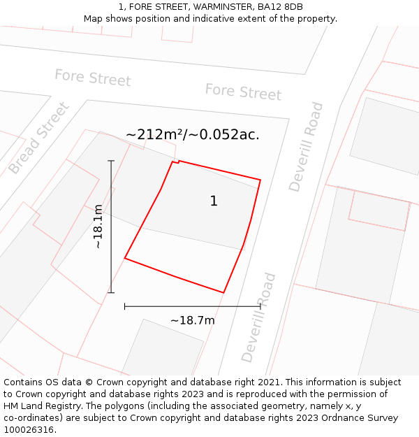 1, FORE STREET, WARMINSTER, BA12 8DB: Plot and title map