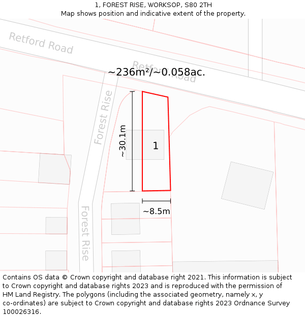 1, FOREST RISE, WORKSOP, S80 2TH: Plot and title map