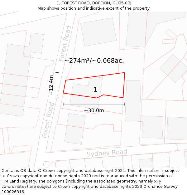 1, FOREST ROAD, BORDON, GU35 0BJ: Plot and title map