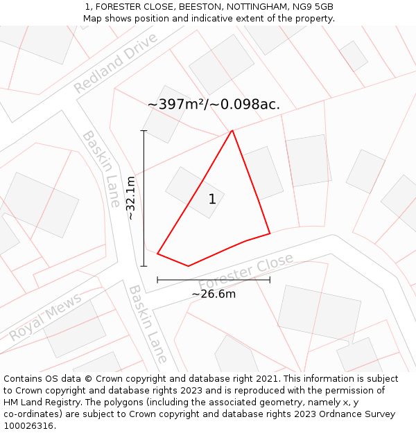 1, FORESTER CLOSE, BEESTON, NOTTINGHAM, NG9 5GB: Plot and title map