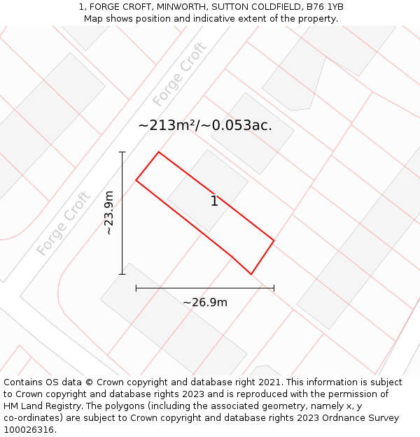 1, FORGE CROFT, MINWORTH, SUTTON COLDFIELD, B76 1YB: Plot and title map
