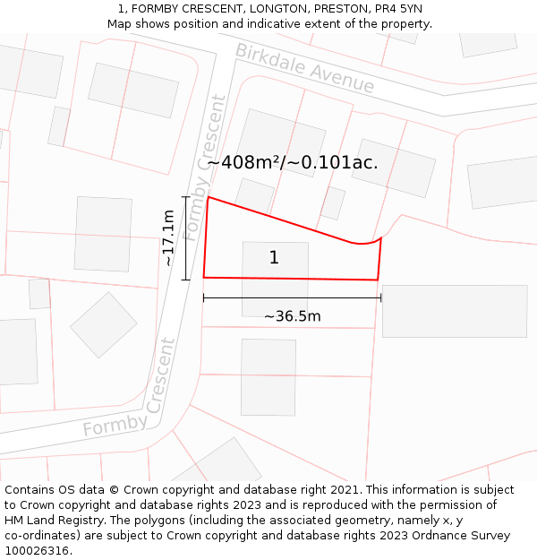 1, FORMBY CRESCENT, LONGTON, PRESTON, PR4 5YN: Plot and title map