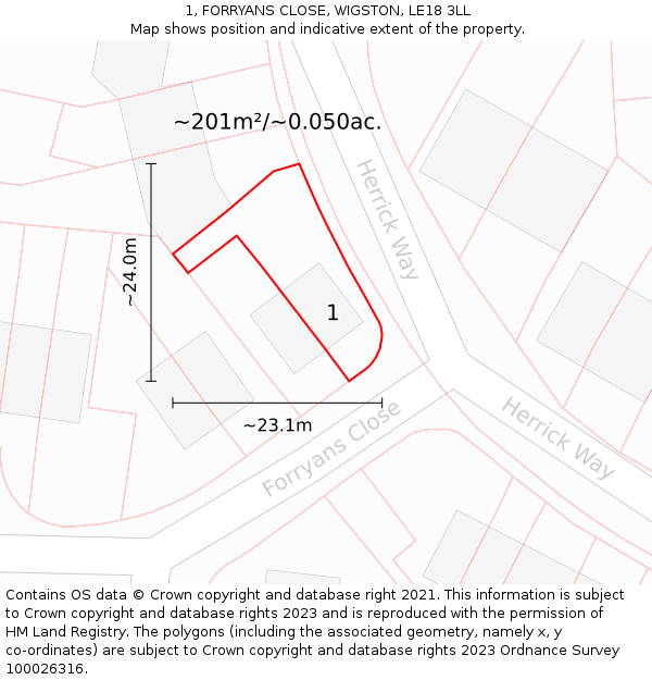 1, FORRYANS CLOSE, WIGSTON, LE18 3LL: Plot and title map