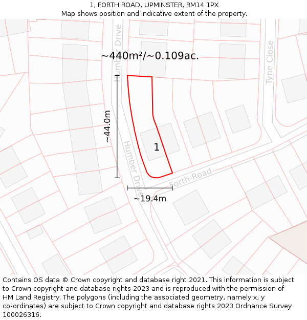 1, FORTH ROAD, UPMINSTER, RM14 1PX: Plot and title map