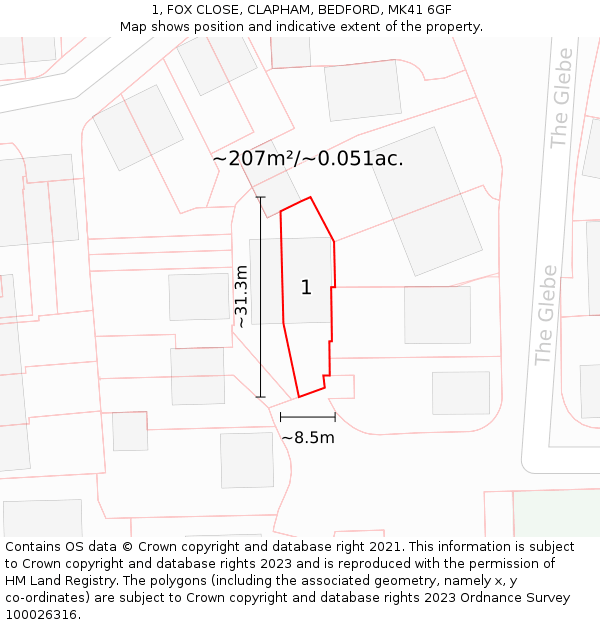 1, FOX CLOSE, CLAPHAM, BEDFORD, MK41 6GF: Plot and title map