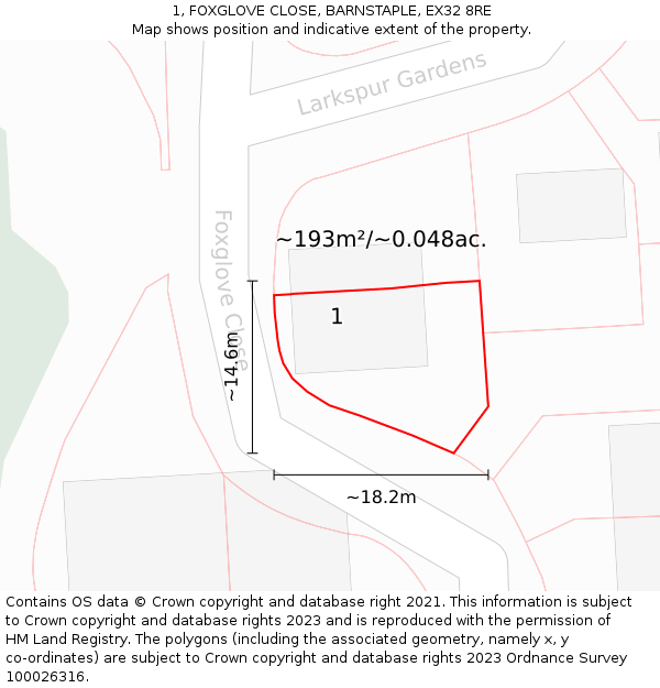 1, FOXGLOVE CLOSE, BARNSTAPLE, EX32 8RE: Plot and title map
