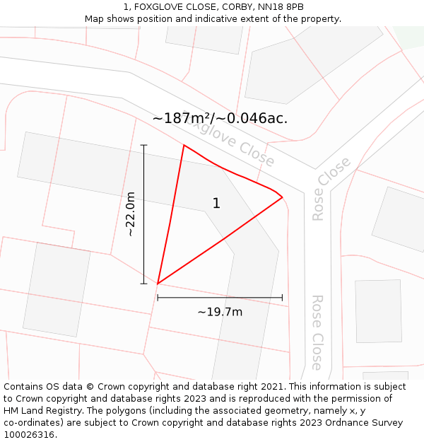 1, FOXGLOVE CLOSE, CORBY, NN18 8PB: Plot and title map