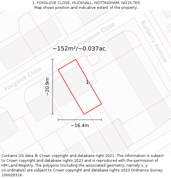 1, FOXGLOVE CLOSE, HUCKNALL, NOTTINGHAM, NG15 7ES: Plot and title map