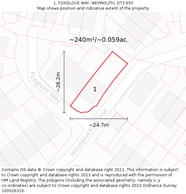 1, FOXGLOVE WAY, WEYMOUTH, DT3 6SY: Plot and title map