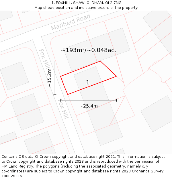 1, FOXHILL, SHAW, OLDHAM, OL2 7NG: Plot and title map