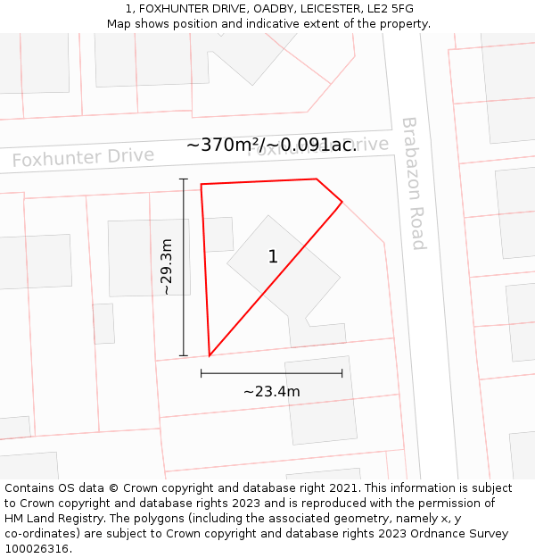 1, FOXHUNTER DRIVE, OADBY, LEICESTER, LE2 5FG: Plot and title map