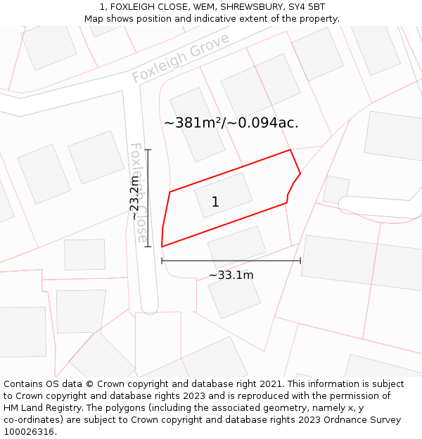 1, FOXLEIGH CLOSE, WEM, SHREWSBURY, SY4 5BT: Plot and title map