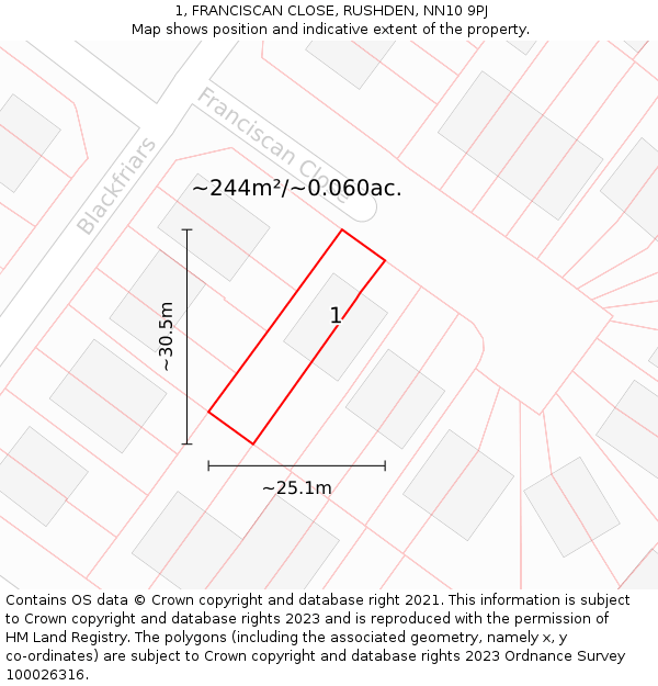 1, FRANCISCAN CLOSE, RUSHDEN, NN10 9PJ: Plot and title map